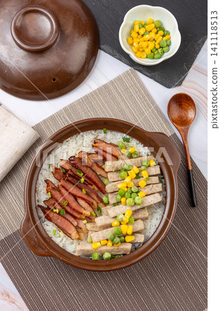 Cantonese Claypot Rice with Cured Meat and Taro, Traditional Style Cantonese Claypot Rice with Cured Meat and Taro, Traditional Style 141118513