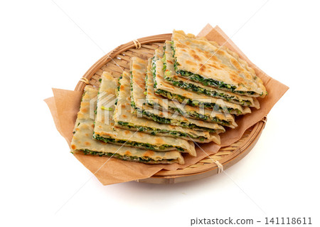 traditional Chinese Chive and Egg Stuffed Flatbread on Plate, Savory Homemade Street Food traditional Chinese Chive and Egg Stuffed Flatbread on Plate, Savory Homemade Street Food 141118611