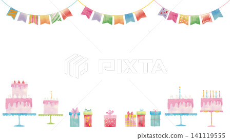 可愛的水彩風格生日快樂相框（蛋糕、花圈、禮物） 141119555