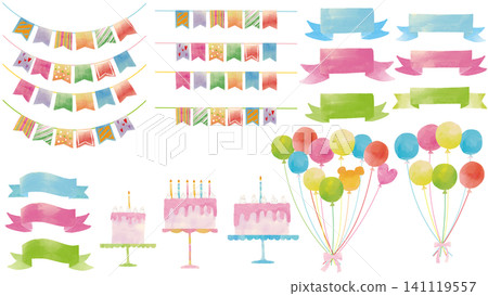Watercolor-style Cute Happy Birthday Set 2 (Cake, Garland, Balloons, Heading) Watercolor-style Cute Happy Birthday Set 2 (Cake, Garland, Balloons, Heading) 141119557