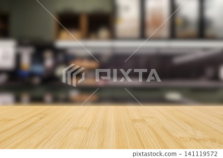 Natural Wooden Table Top with Blurred Kitchen Interior Background for Product Display. 141119572