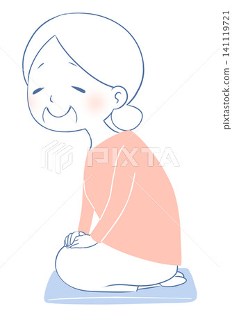 An illustration of an old woman sitting cross-legged on a cushion. An illustration of an old woman sitting cross-legged on a cushion. 141119721