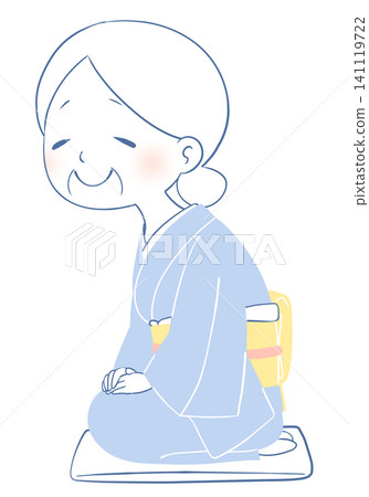 一幅老婦人盤腿坐在墊子上的插圖。 一幅老婦人盤腿坐在墊子上的插圖。 141119722