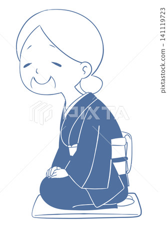 An illustration of an old woman sitting cross-legged on a cushion. An illustration of an old woman sitting cross-legged on a cushion. 141119723