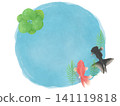 A watercolor illustration of goldfish, aquatic plants, and a puddle, perfect for summer greetings. 141119818