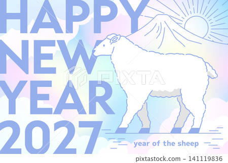 A pastel-colored horizontal New Year's card featuring a soft rainbow gradient and white sheep among clouds. A pastel-colored horizontal New Year's card featuring a soft rainbow gradient and white sheep among clouds. 141119836