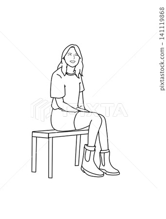 一張線條畫,畫的是一位微笑的女子坐在長椅上。 一張線條畫,畫的是一位微笑的女子坐在長椅上。 141119868