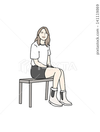 A woman sitting on a bench with a smile A woman sitting on a bench with a smile 141119869