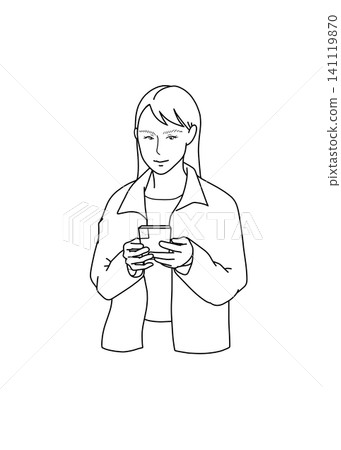 一幅女性操作智慧型手機的線條畫插圖 一幅女性操作智慧型手機的線條畫插圖 141119870