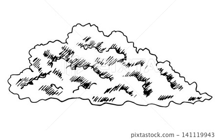 Hand-drawn vector ink drawing in engraving style. Thundercloud, cumulus cloud, storm, windy weather, rainy season. Climate, air, nature. Hand-drawn vector ink drawing in engraving style. Thundercloud, cumulus cloud, storm, windy weather, rainy season. Climate, air, nature. 141119943