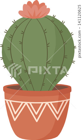 Cute Cactus with Flower Illustration, Cartoon Pastel Potted Plant in Boho Tribal Pot, Minimalist Flowering Succulent Element Isolated for Home Decor Design 141120625