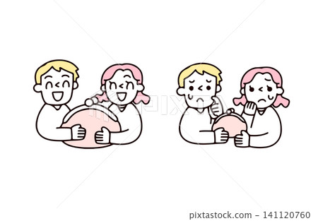A set of illustrations depicting a young couple with money and a young couple with little money. A set of illustrations depicting a young couple with money and a young couple with little money. 141120760