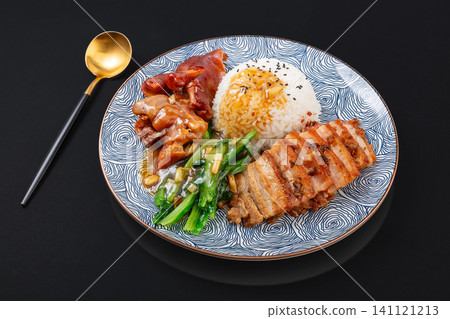 braised pork feet and sliced pork belly combo rice with green vegetables on a decorative plate. braised pork feet and sliced pork belly combo rice with green vegetables on a decorative plate. 141121213