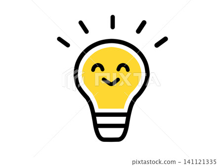 Simple, lightbulb illustration, line drawing, yellow, smiling. 141121335