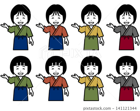 [不同顏色] 一位身穿日本傳統工作服（samue）和圍裙的女性圖標，上面寫著“請往這邊走”。 141121344