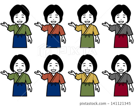 【不同髮型】【不同顏色】穿著三衣(日本傳統工作服)和圍裙的女性圖標,上面寫著「這邊請」。 【不同髮型】【不同顏色】穿著三衣(日本傳統工作服)和圍裙的女性圖標,上面寫著「這邊請」。 141121345