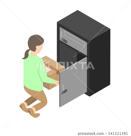 A woman receiving a package from a delivery box - isometric view 141121391