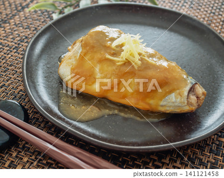 Mackerel simmered in miso, served on a plate Mackerel simmered in miso, served on a plate 141121458