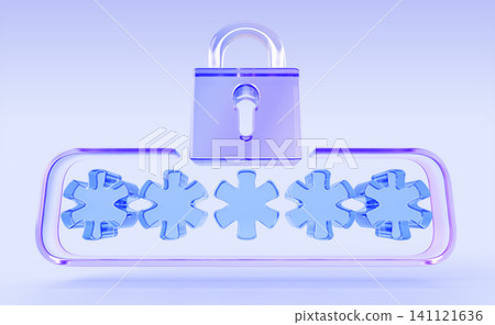Personal data protect 3d icon. Purple glass padlock with password asterisks in frame box on light blue background. Digital security and access, symbol sequence for user authentication. 3D illustration Personal data protect 3d icon. Purple glass padlock with password asterisks in frame box on light blue background. Digital security and access, symbol sequence for user authentication. 3D illustration 141121636