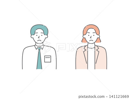 A set of illustrations (pink and green) of a male and female business person with the expression of "sadness" from the range of emotions. A set of illustrations (pink and green) of a male and female business person with the expression of "sadness" from the range of emotions. 141121669
