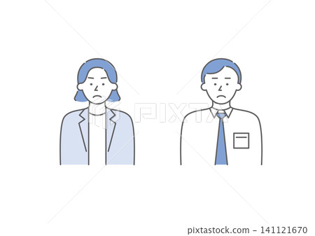A set of illustrations (blue) of a male and female business person with the expression of "sadness" from the range of emotions. A set of illustrations (blue) of a male and female business person with the expression of "sadness" from the range of emotions. 141121670