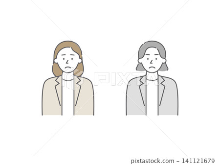 A set of illustrations (brown and gray) depicting two businesswomen with expressions of "sadness" from the range of emotions. A set of illustrations (brown and gray) depicting two businesswomen with expressions of "sadness" from the range of emotions. 141121679