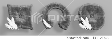 Gray velvet pillow 3d set with feather isolated on background. Realistic decorative shapes - square, round and travel neck cushion for home interior decor, lounge hotel, healthy sleep. 3D illustration 141121829