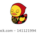 一幅復古風格的插畫，畫的是一隻戴著兜帽、閉著眼睛的可愛小鴨子。 141121994