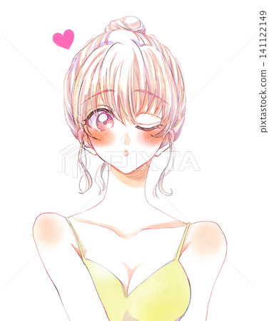 A winking woman, with her hair in a bun, wearing underwear, and in a romantic relationship. A winking woman, with her hair in a bun, wearing underwear, and in a romantic relationship. 141122149