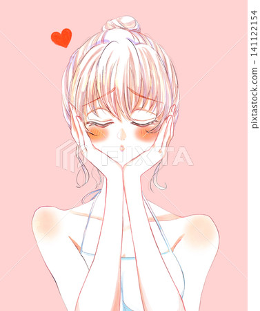 一位墜入愛河的女子,心事重重,身穿連身裙,雙手摀著臉頰。 一位墜入愛河的女子,心事重重,身穿連身裙,雙手摀著臉頰。 141122154