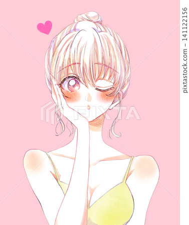 一位眨著眼睛的女子,頭髮盤成髮髻,穿著內衣,心情浪漫,一隻手放在臉頰上。 一位眨著眼睛的女子,頭髮盤成髮髻,穿著內衣,心情浪漫,一隻手放在臉頰上。 141122156