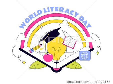 World Literacy Day Vector Illustration Featuring Books, Reading, Education, Knowledge, Learning Resources, and Digital Literacy World Literacy Day Vector Illustration Featuring Books, Reading, Education, Knowledge, Learning Resources, and Digital Literacy 141122162