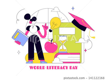 World Literacy Day Vector Illustration Featuring Books, Reading, Education, Knowledge, Learning Resources, and Digital Literacy World Literacy Day Vector Illustration Featuring Books, Reading, Education, Knowledge, Learning Resources, and Digital Literacy 141122168