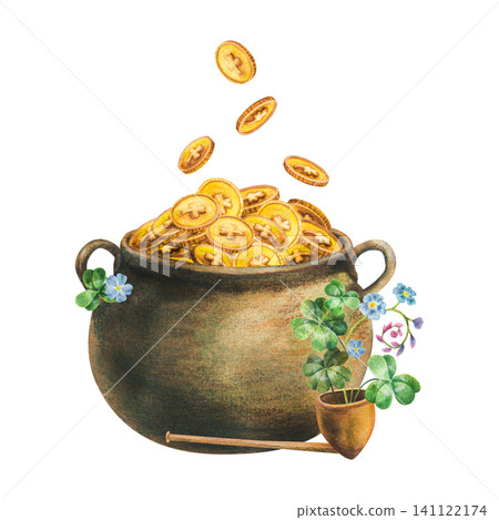 Vintage cauldron with falling gold coins, pipe and clover forget-me-not composition hand drawing watercolor art. A lucky Irish element for St. Patrick's Day greeting cards, decor, or creative gifts. Vintage cauldron with falling gold coins, pipe and clover forget-me-not composition hand drawing watercolor art. A lucky Irish element for St. Patrick's Day greeting cards, decor, or creative gifts. 141122174