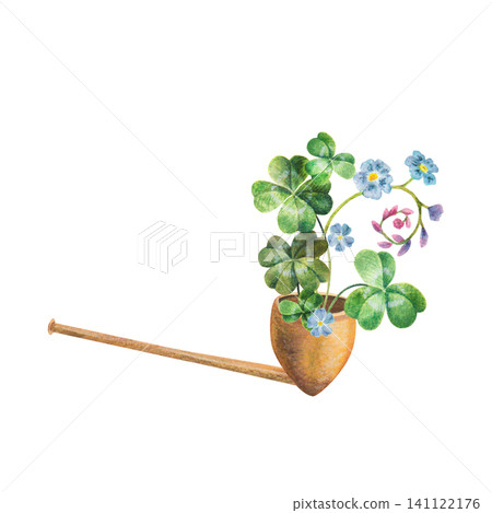 Vintage Irish smoking pipe with clover leaves, blue forget-me-not flowers hand-painted watercolor illustration. Floral lucky composition for St. Patrick's Day, Irish folklore decor, greeting card art. Vintage Irish smoking pipe with clover leaves, blue forget-me-not flowers hand-painted watercolor illustration. Floral lucky composition for St. Patrick's Day, Irish folklore decor, greeting card art. 141122176