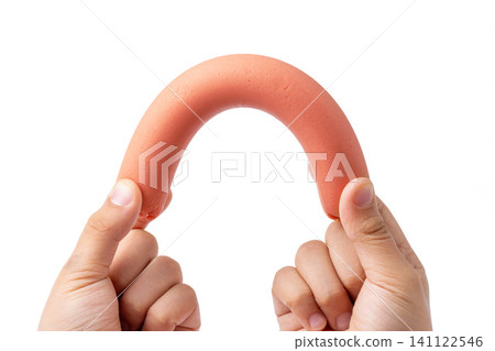 hands Stretching Premium Lactobacillus Ham Sausage Showing Elastic Texture hands Stretching Premium Lactobacillus Ham Sausage Showing Elastic Texture 141122546
