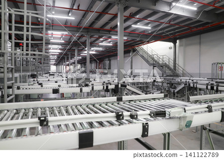 packing line in a logistics warehouse. conveyor belt in a modern production line. Pallet racking 141122789