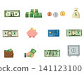 Financial and banking icon set isolated on white background. Collection of money, cash, banknotes, coins, wallet, credit card, piggy bank, safe vault and finance symbols in flat style vector illustrat 141123100