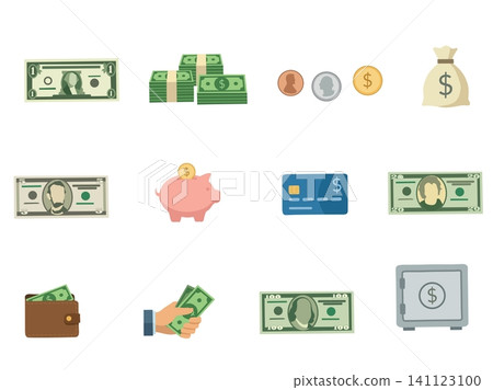 Financial and banking icon set isolated on white background. Collection of money, cash, banknotes, coins, wallet, credit card, piggy bank, safe vault and finance symbols in flat style vector illustrat Financial and banking icon set isolated on white background. Collection of money, cash, banknotes, coins, wallet, credit card, piggy bank, safe vault and finance symbols in flat style vector illustrat 141123100