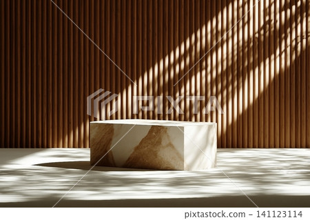 Luxurious stonemarble pedestal basks in foliage gobo sunlight. Wooden rod backdrop adds depth and elegance. Ideal for premium product showcases and sophisticated designs. Luxurious stonemarble pedestal basks in foliage gobo sunlight. Wooden rod backdrop adds depth and elegance. Ideal for premium product showcases and sophisticated designs. 141123114