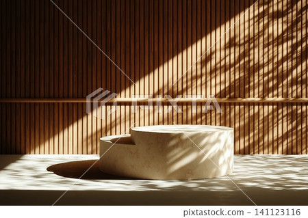 Luxurious stonemarble pedestal basks in foliage gobo sunlight. Wooden rod backdrop adds depth and elegance. Ideal for premium product showcases and sophisticated designs. Luxurious stonemarble pedestal basks in foliage gobo sunlight. Wooden rod backdrop adds depth and elegance. Ideal for premium product showcases and sophisticated designs. 141123116
