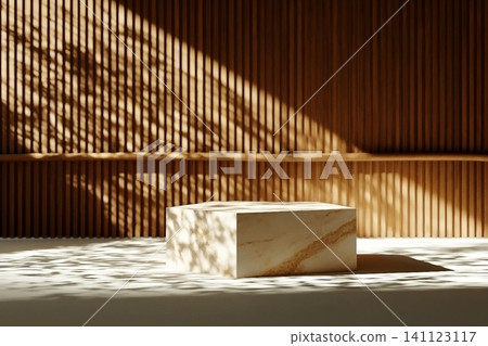 Luxurious stonemarble pedestal basks in foliage gobo sunlight. Wooden rod backdrop adds depth and elegance. Ideal for premium product showcases and sophisticated designs. Luxurious stonemarble pedestal basks in foliage gobo sunlight. Wooden rod backdrop adds depth and elegance. Ideal for premium product showcases and sophisticated designs. 141123117