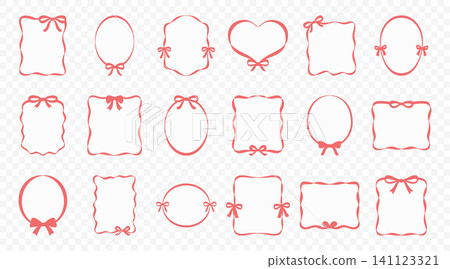 Decorative Red Bow Frame Set, Vector Illustration. Feminine Frame Collection with Oval, Round, Heart, Ornamental Label Shapes, Ribbon Bow Frames for Wedding Invitations, Cards, Branding 141123321