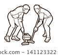 Curling Sport Male Players Action Cartoon Outline Graphic Vector 141123322
