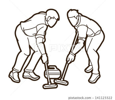 Curling Sport Male Players Action Cartoon Outline Graphic Vector 141123322