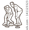 Curling Sport Male Players Action Cartoon Outline Graphic Vector 141123323