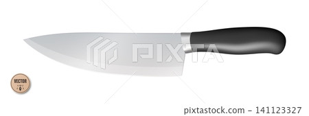 Vector 3d Chef Knife, Isolated. Kitchen Cooking Knife with Black Handle. Professional Stainless Steel Blade for Food Preparation. Restaurant and Home Cooking Utensil Vector 3d Chef Knife, Isolated. Kitchen Cooking Knife with Black Handle. Professional Stainless Steel Blade for Food Preparation. Restaurant and Home Cooking Utensil 141123327