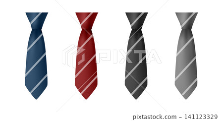 Vector 3d Necktie Set. Blue, Red Black, Gray Classic Mens Business Tie Icons. Formal Office Dress Code Accessories for Suit, Fashion Design, Apparel Mockups Vector 3d Necktie Set. Blue, Red Black, Gray Classic Mens Business Tie Icons. Formal Office Dress Code Accessories for Suit, Fashion Design, Apparel Mockups 141123329