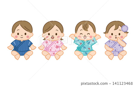 A set of illustrations of a baby boy and girl wearing jinbei (traditional Japanese summer clothing). A set of illustrations of a baby boy and girl wearing jinbei (traditional Japanese summer clothing). 141123468