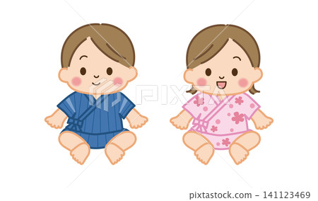 插圖描繪了穿著甚平(日本傳統夏季服裝)的男嬰和女嬰。 插圖描繪了穿著甚平(日本傳統夏季服裝)的男嬰和女嬰。 141123469